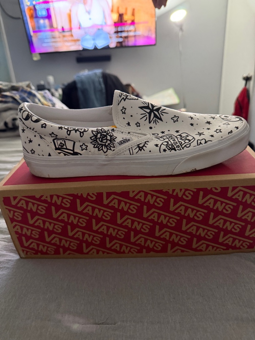 Vans White Canvas Slip-On with Black Doodle Print